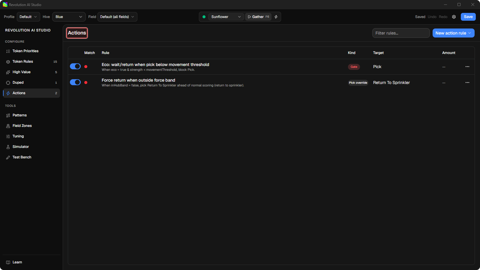 Actions page open under Configure