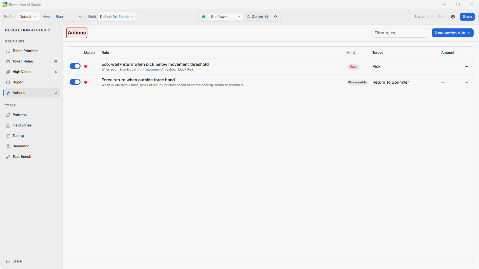 Actions page open under Configure