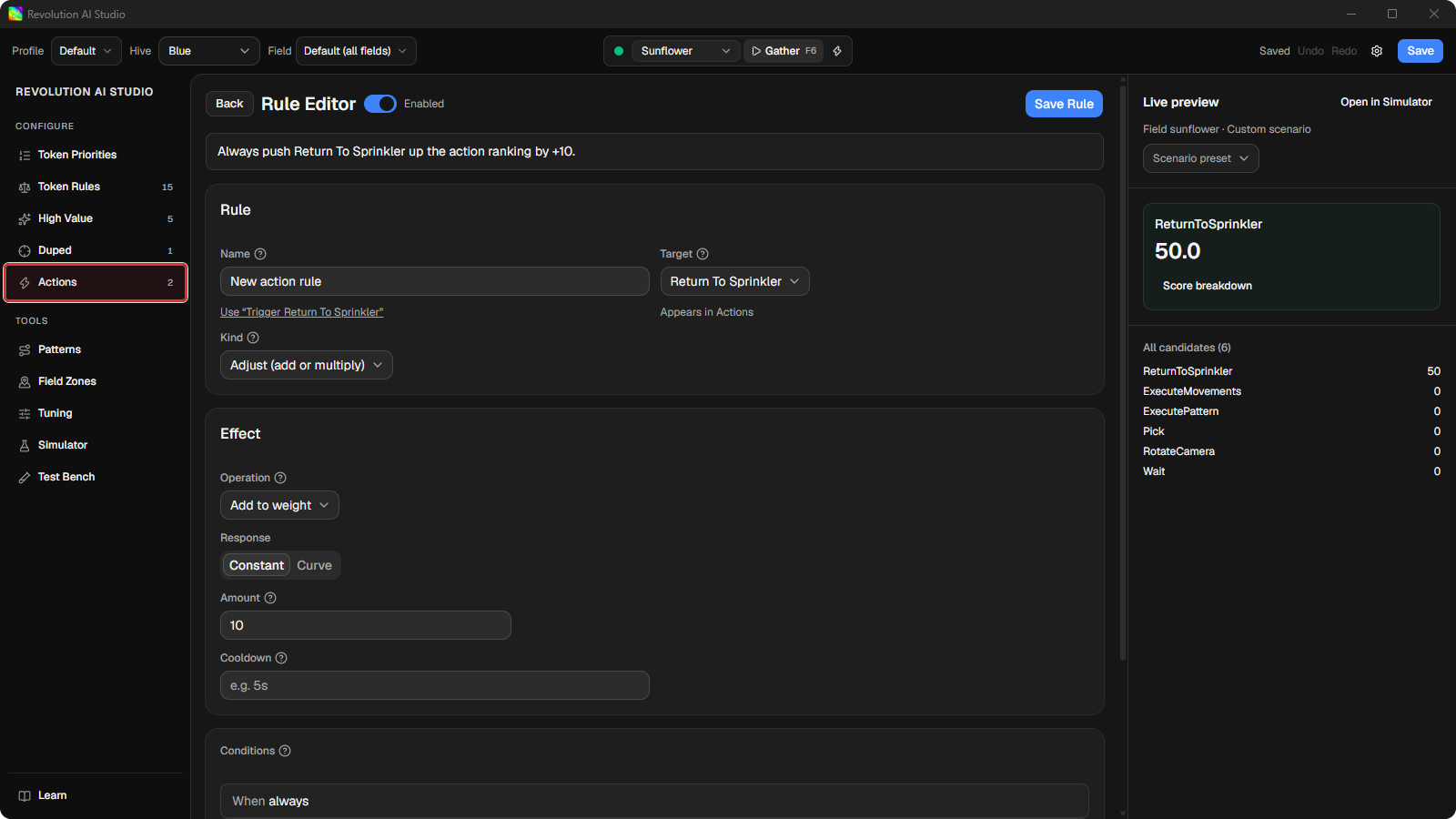 Actions rule editor open on a new action rule