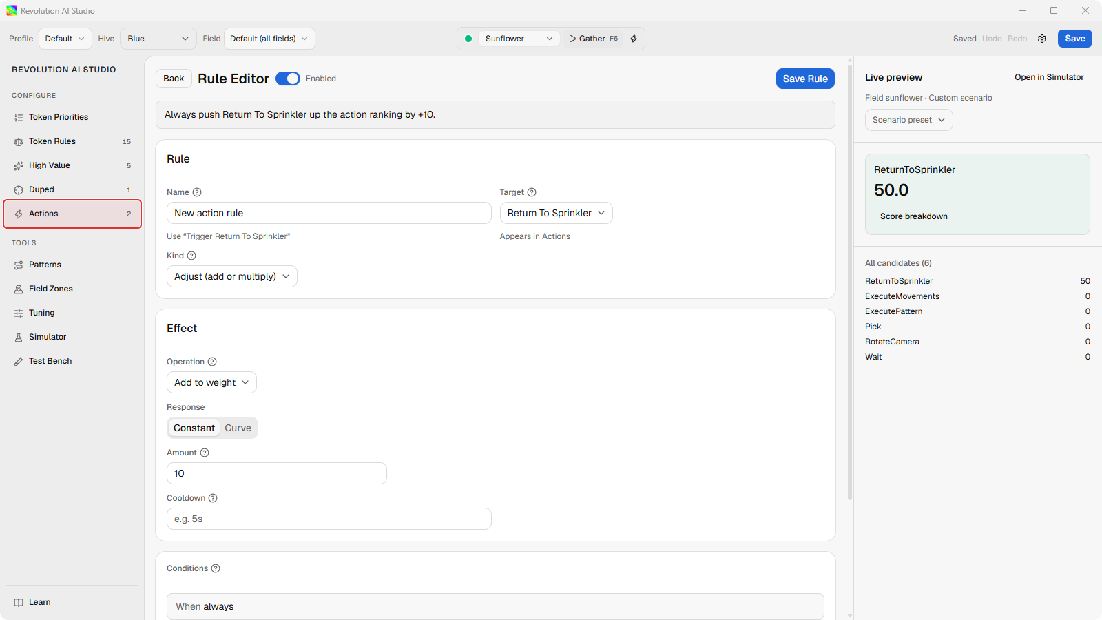 Actions rule editor open on a new action rule