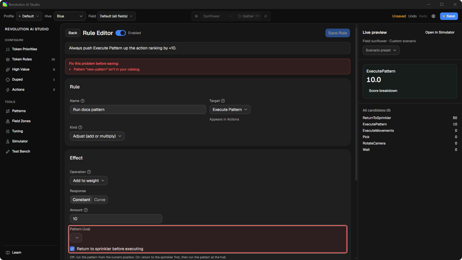 Execute Pattern action rule with a selected pattern