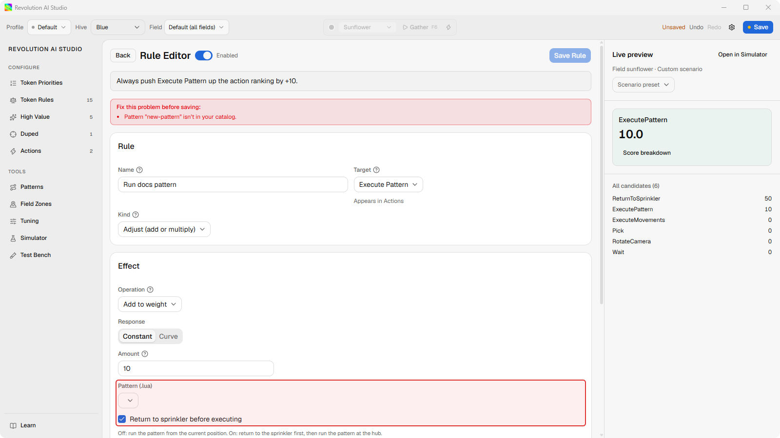 Execute Pattern action rule with a selected pattern
