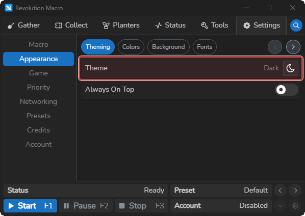 Appearance Theming showing the Theme control