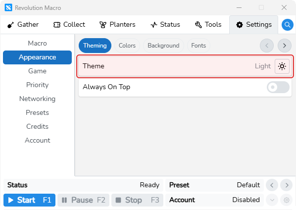 Appearance Theming showing the Theme control