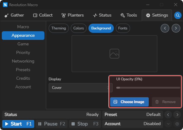Appearance Background showing Display, UI Opacity, Choose Image, and Remove