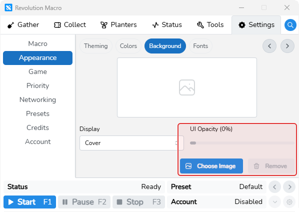 Appearance Background showing Display, UI Opacity, Choose Image, and Remove