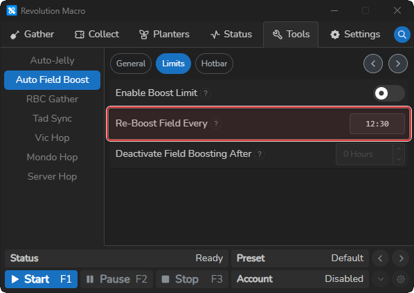 Auto Field Boost Limits showing Re-Boost Field Every