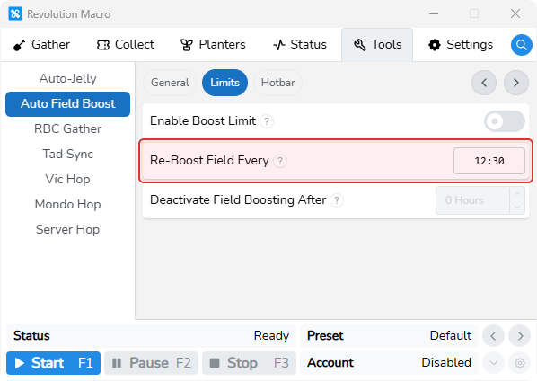 Auto Field Boost Limits showing Re-Boost Field Every