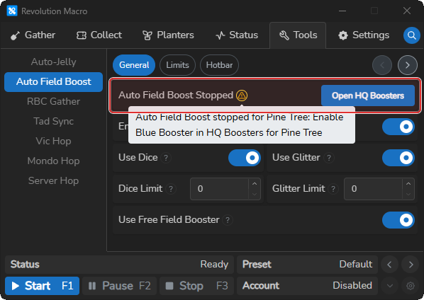 Auto Field Boost Stopped yellow alert