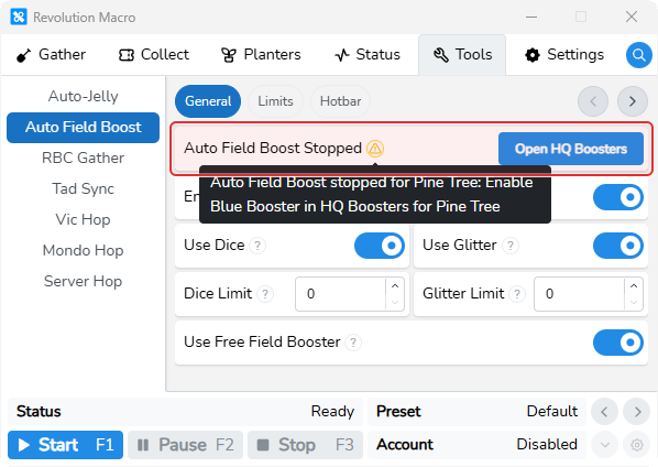 Auto Field Boost Stopped yellow alert