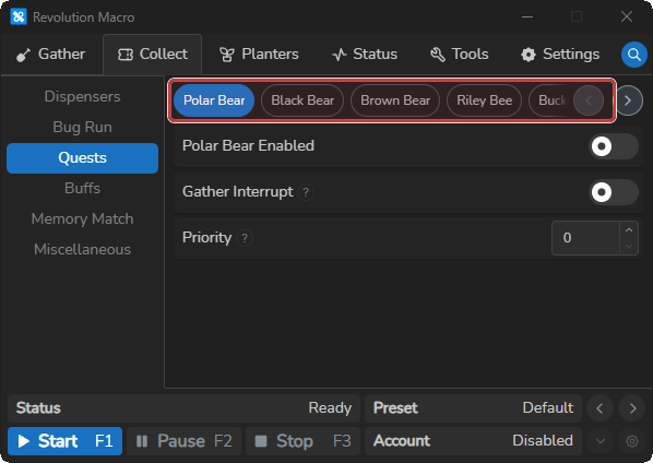 Collect Quests page listing Polar Bear, Black Bear, Brown Bear, Riley Bee, and Bucko Bee