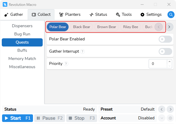 Collect Quests page listing Polar Bear, Black Bear, Brown Bear, Riley Bee, and Bucko Bee