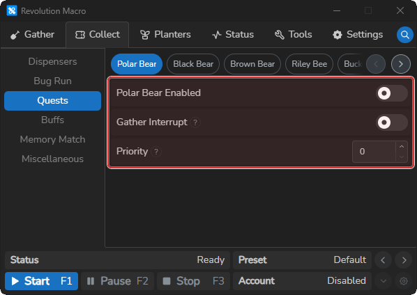 Polar Bear quest giver settings showing Enabled, Gather Interrupt, and Priority