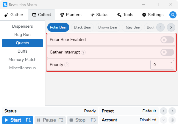 Polar Bear quest giver settings showing Enabled, Gather Interrupt, and Priority