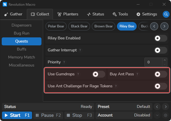 Riley Bee quest settings including Use Gumdrops, Buy Ant Pass, and Use Ant Challenge For Rage Tokens