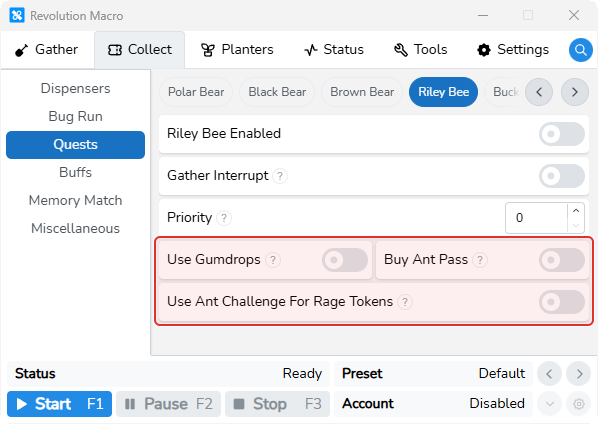 Riley Bee quest settings including Use Gumdrops, Buy Ant Pass, and Use Ant Challenge For Rage Tokens