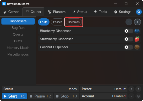 Collect Dispensers page showing Fruits, Passes, and Beesmas tabs when Beesmas is active