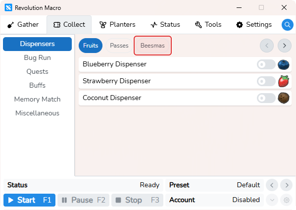 Collect Dispensers page showing Fruits, Passes, and Beesmas tabs when Beesmas is active