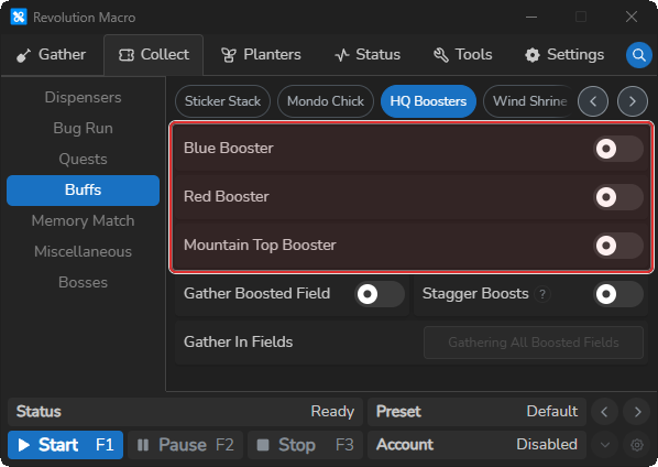 HQ Boosters page showing Blue, Red, and Mountain Top Booster switches