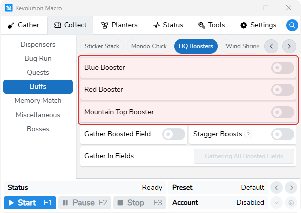 HQ Boosters page showing Blue, Red, and Mountain Top Booster switches