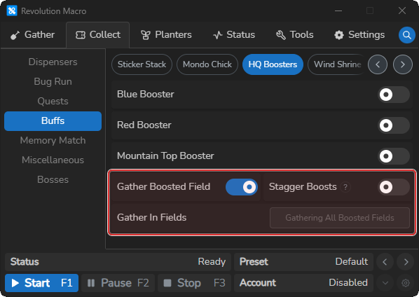 HQ Boosters Gather Boosted Field, Stagger Boosts, and Gather In Fields settings