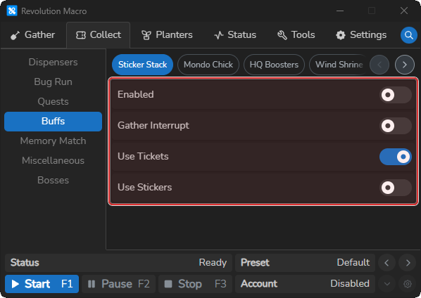 Sticker Stack settings showing Enabled, Gather Interrupt, Use Tickets, and Use Stickers