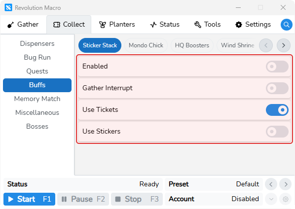 Sticker Stack settings showing Enabled, Gather Interrupt, Use Tickets, and Use Stickers