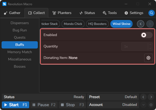 Wind Shrine settings showing Enabled, Quantity, and Donating Item