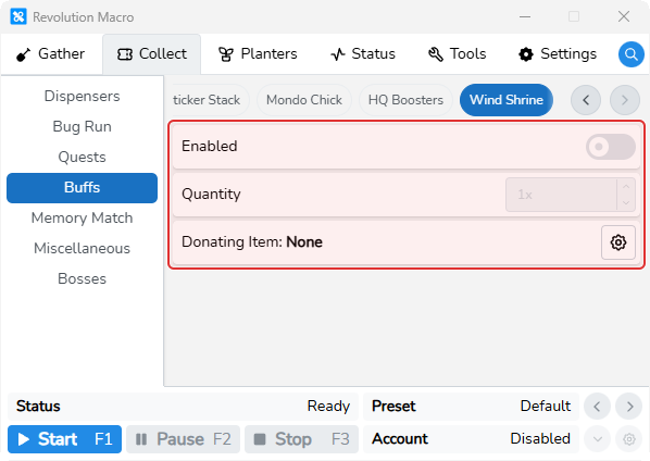 Wind Shrine settings showing Enabled, Quantity, and Donating Item