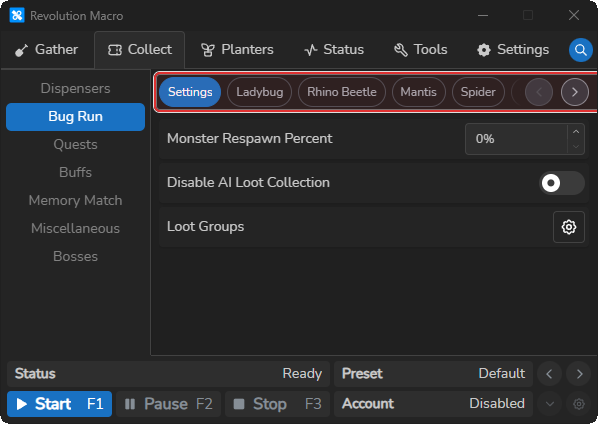 Collect Bug Run page showing Settings and per-bug module tabs