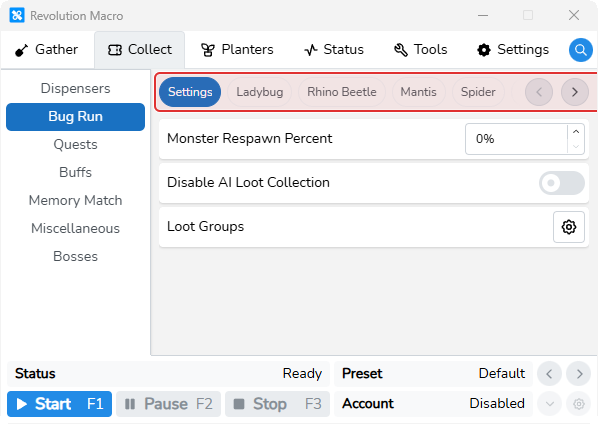 Collect Bug Run page showing Settings and per-bug module tabs