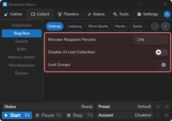 Bug Run Settings showing Monster Respawn Percent and Loot Groups