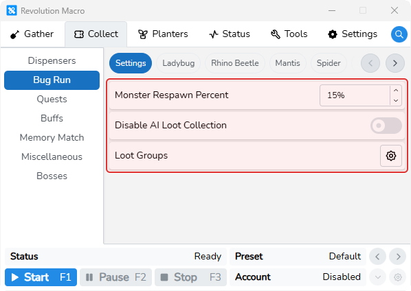 Bug Run Settings showing Monster Respawn Percent and Loot Groups