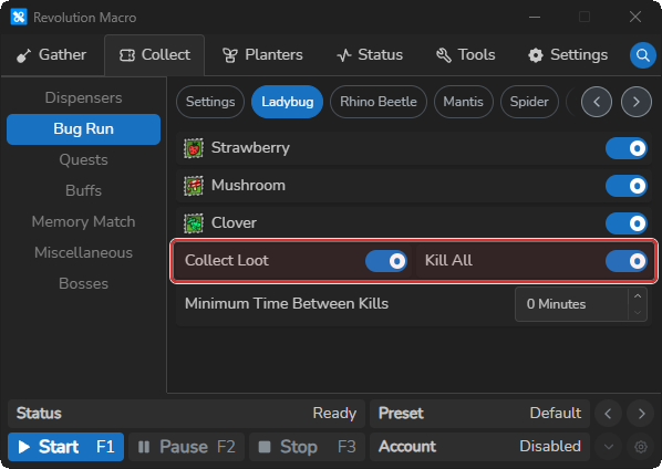 Ladybug Bug Run tab with field switches and Kill All