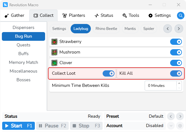 Ladybug Bug Run tab with field switches and Kill All