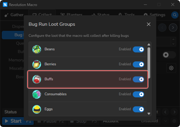 Bug Run Loot Groups modal listing loot classes