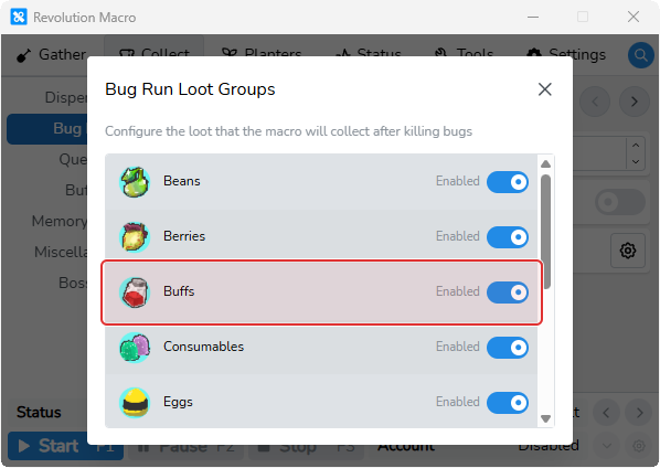 Bug Run Loot Groups modal listing loot classes