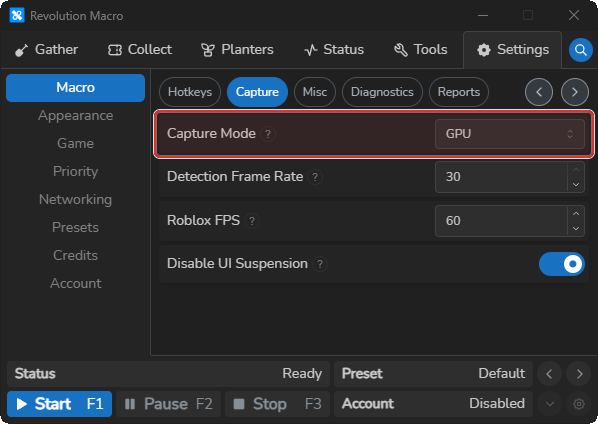 Macro Capture tab with Capture Mode and related settings