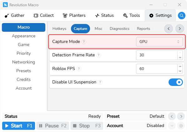 Macro Capture tab with Capture Mode and related settings
