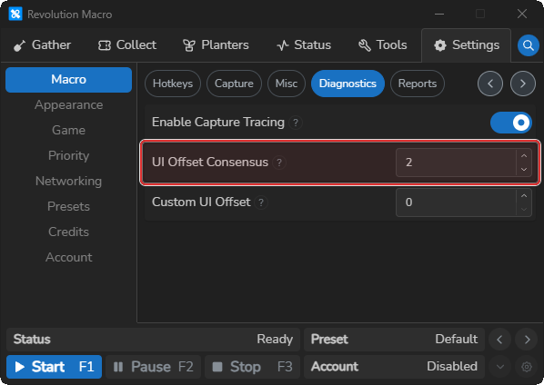 Macro Diagnostics tab offset and tracing settings