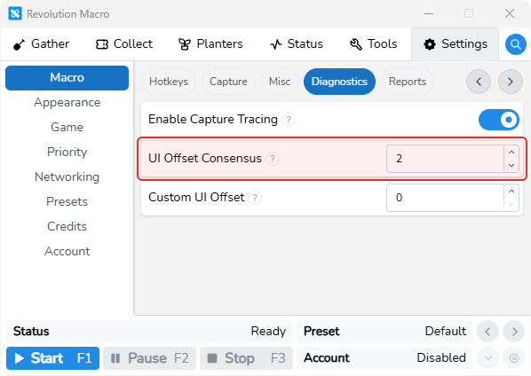 Macro Diagnostics tab offset and tracing settings