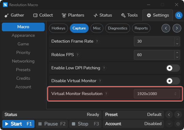 macOS Capture tab virtual monitor settings