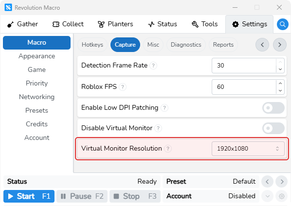 macOS Capture tab virtual monitor settings