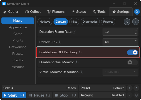 macOS Capture tab with Enable Low DPI Patching on