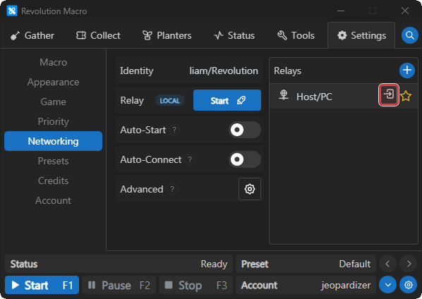 Discovered Host/PC row with Connect icon highlighted