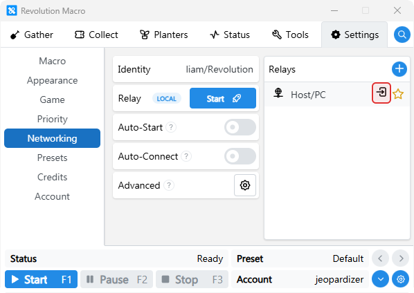 Discovered Host/PC row with Connect icon highlighted