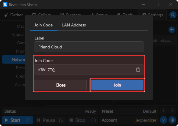 Join Code modal with code entered ready to Join