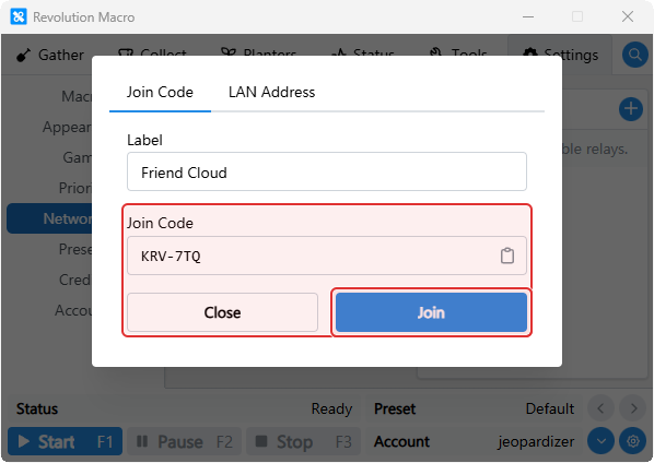 Join Code modal with code entered ready to Join