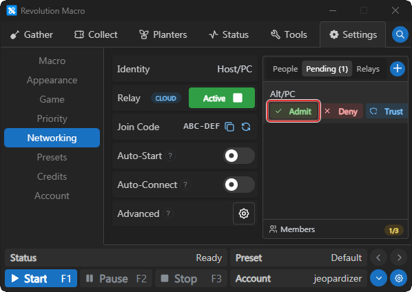Pending join request with Admit Deny Trust