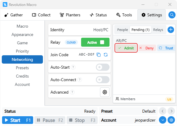 Pending join request with Admit Deny Trust